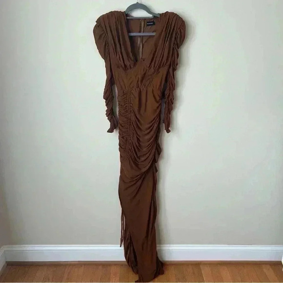 PrettyLittleThing Chocolate Underwire Detail Ruched Mesh Maxi Dress Size 4 - Picture 5 of 9